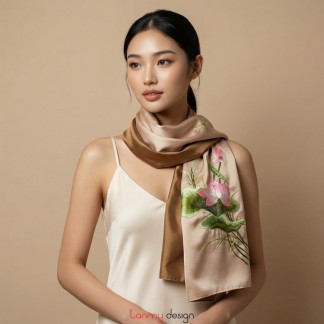 Khăn lụa 2 mặt be thêu hoa sen 40*200 cm